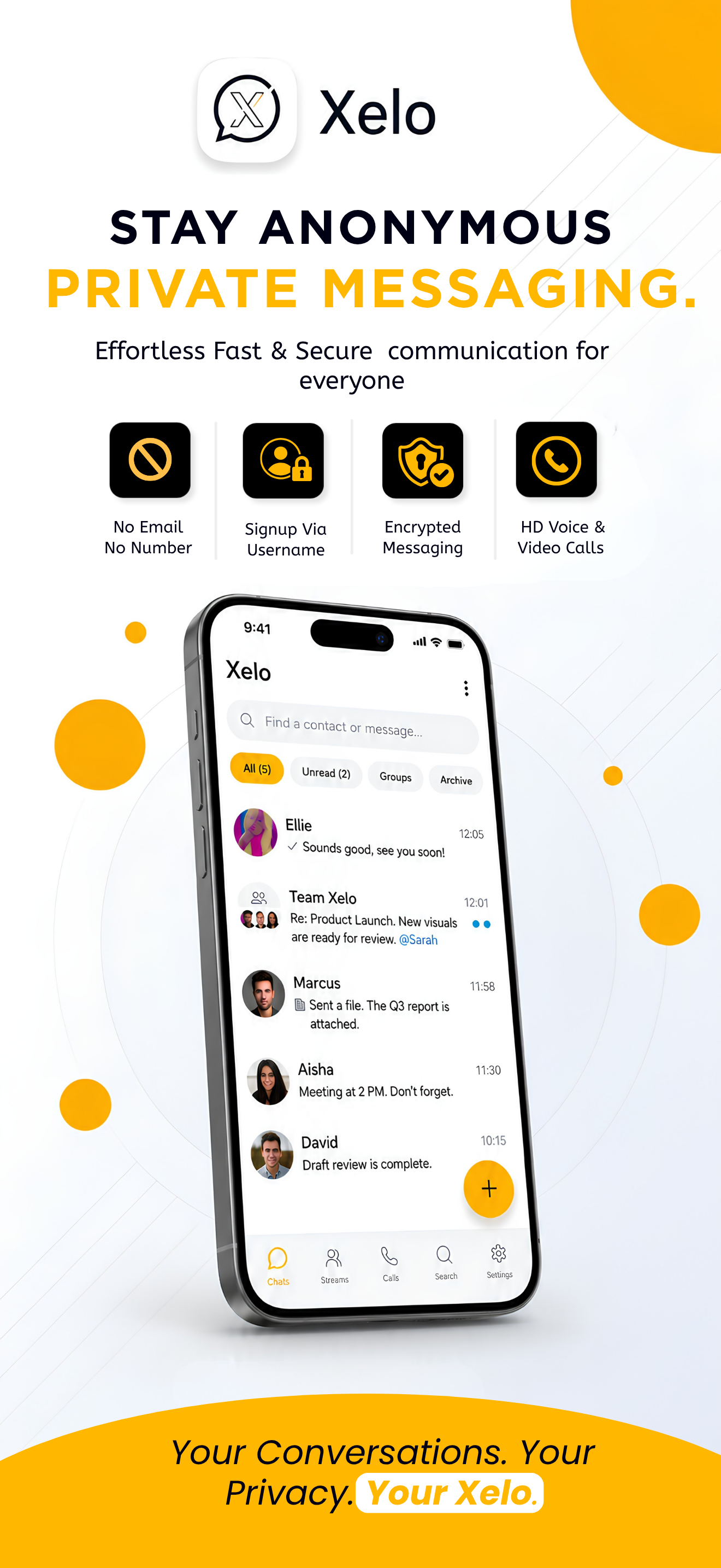 Xelo Messenger private messaging preview showing anonymous username signup, encrypted messaging, and HD calls