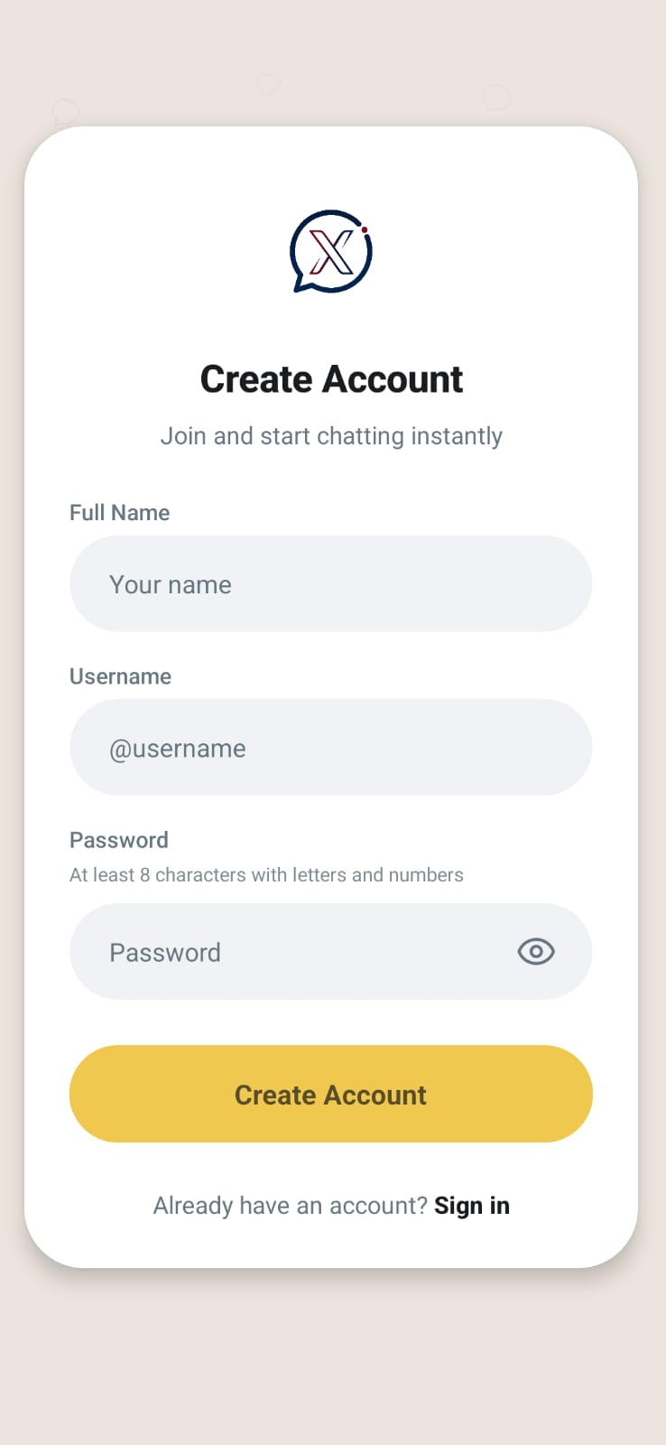 Xelo Messenger username signup screenshot